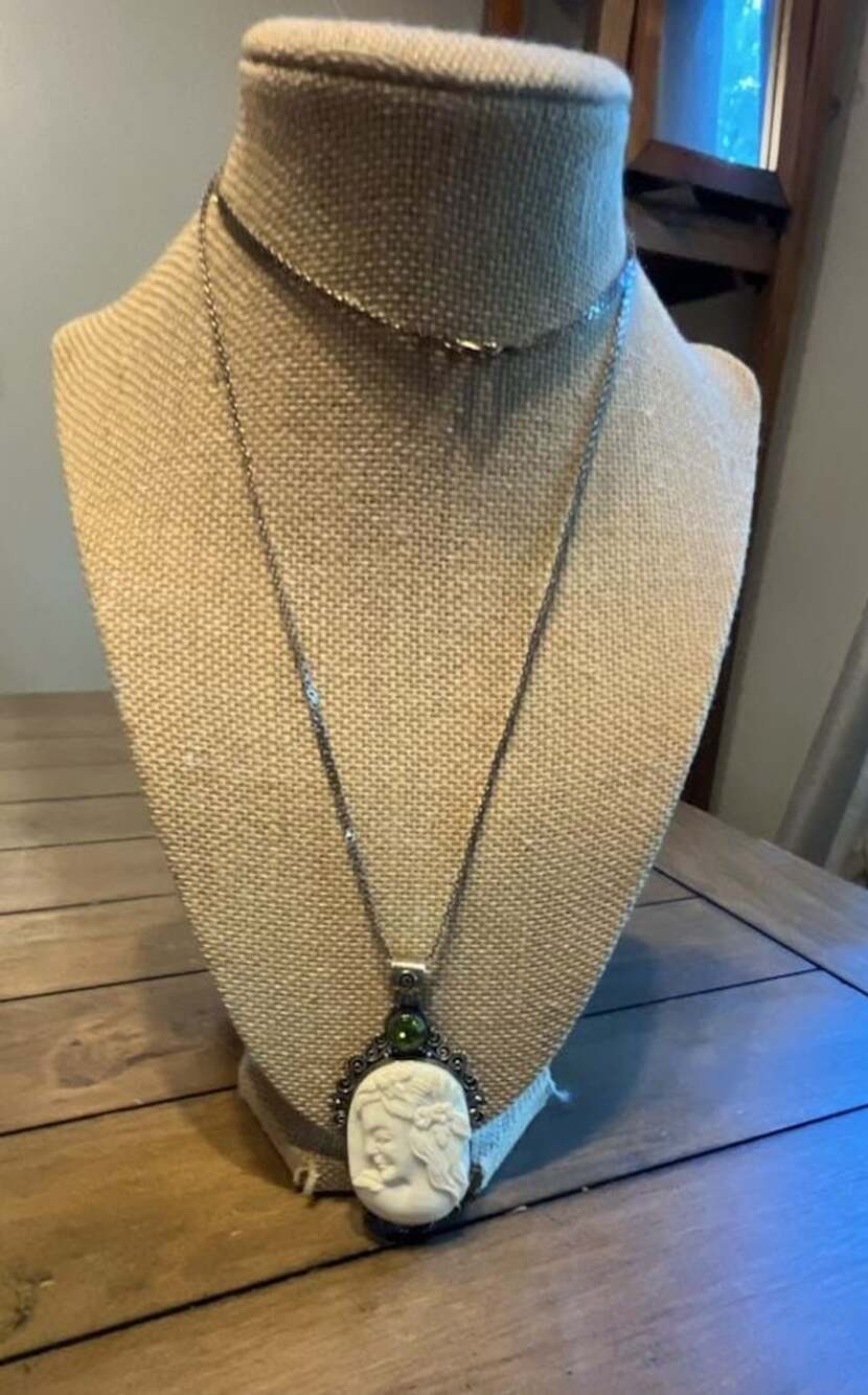 D'Joy Carved Bone and Peridot Cameo Pendant Necklace Silver